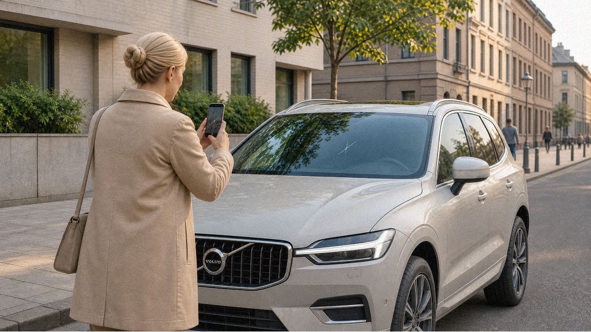 Een bestuurder fotografeert met haar telefoon de gebarsten voorruit van haar auto.
