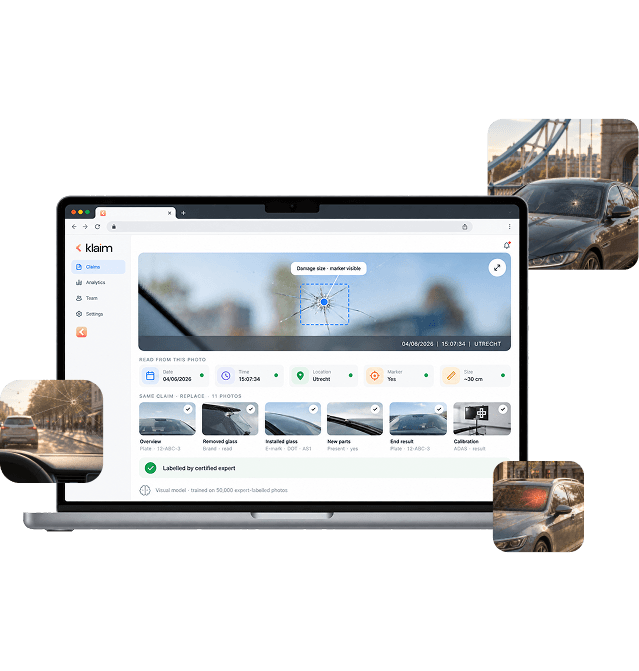 Het Klaim-dashboard op een laptop, waar een gebarsten voorruit wordt opgemeten naast de andere foto's uit dezelfde claim.