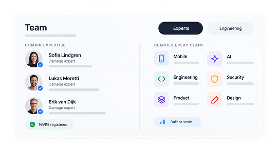 Een teamoverzicht met gecertificeerde schade-experts naast de technische disciplines die bij elke claim betrokken zijn.